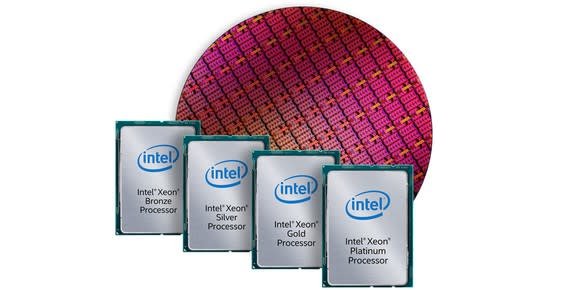 Intel Xeon processors in front of a circular silicon wafer