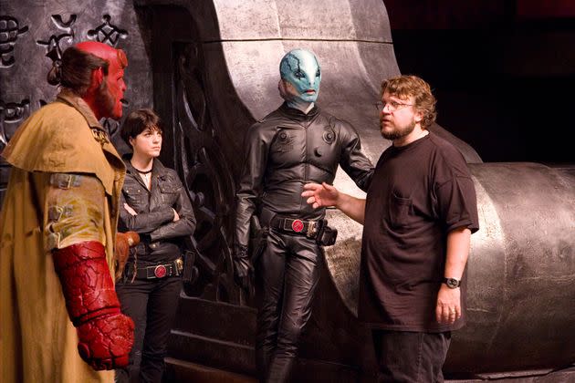 Ron Perlman, Selma Blair, Doug Jones and Guillermo Del Toro on the set of Hellboy II
