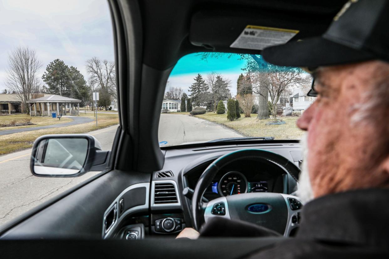 Lou Noce, 74, drives around the mobile home community Avon on the Lake, where he lives, pointing out the gazebo where he got married to his wife, Sue Lowler, five years ago, on Wednesday, Feb. 27, 2024.