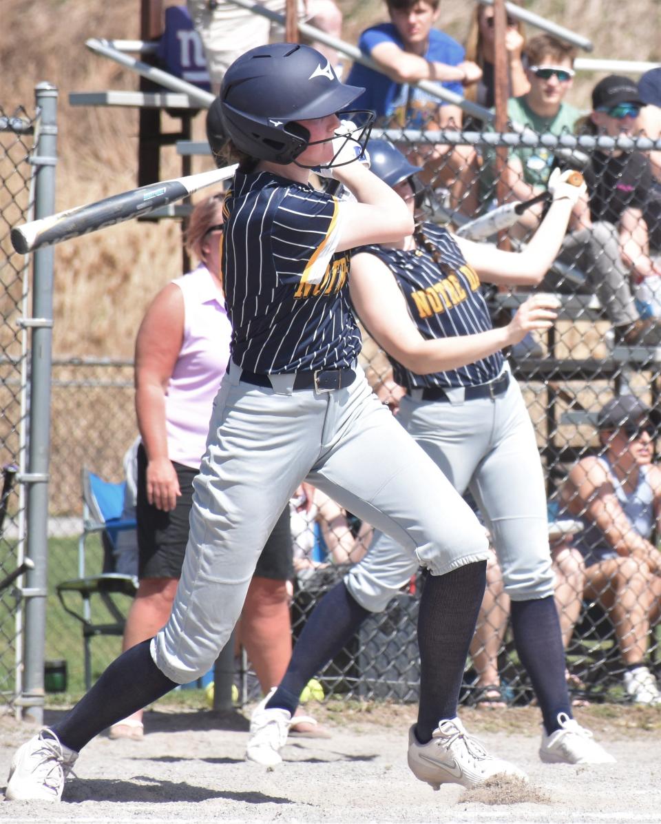 Ella Trinkaus delivers one of her four hits for Utica's Notre Dame Jugglers Saturday against Little Falls. Starting the Jugglers' regular season opener, she pitched five hitless innings with 12 strikeouts and two walks in a 20-2 victory; she also drove in six runs.