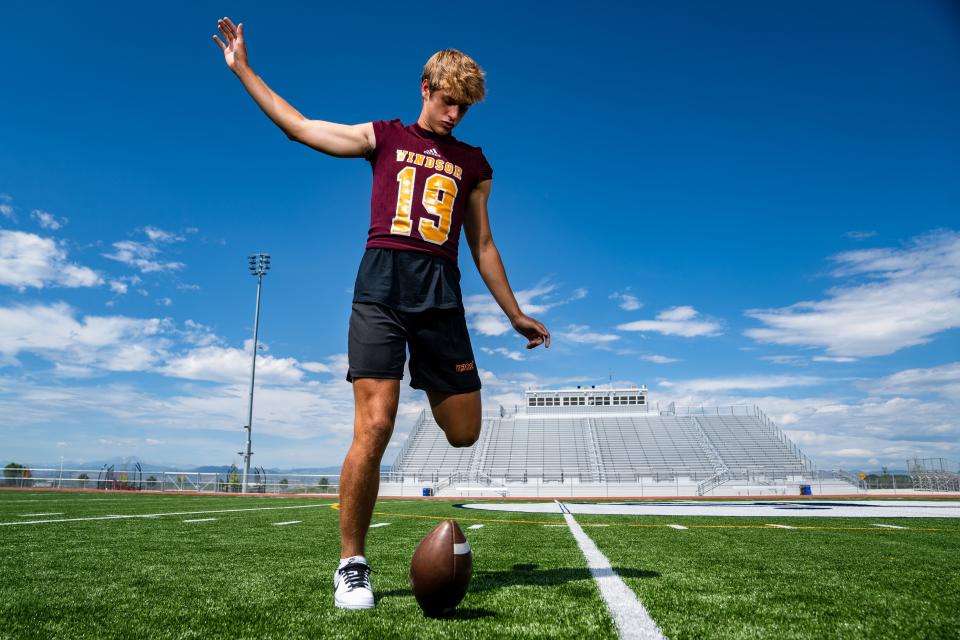 Windsor's Gavyn Helm lines up a kick at the Coloradoan's high school football Media Day at PSD Stadium on August 1, 2023.