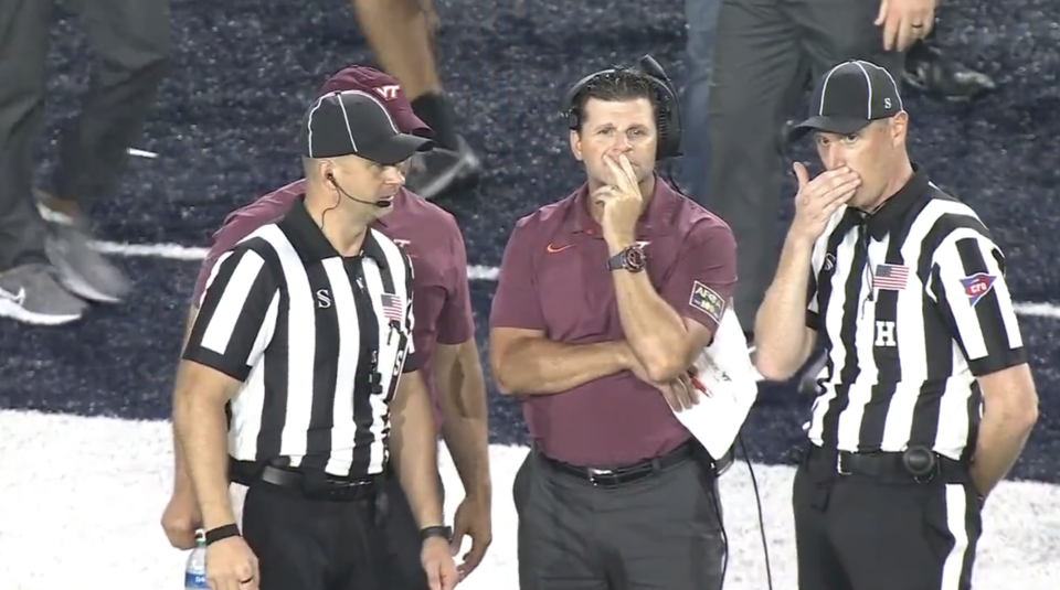 Virginia Tech coach Brent Pry wasn't too thrilled his coaching staff got stuck in an elevator on Friday night. (via ESPNU)