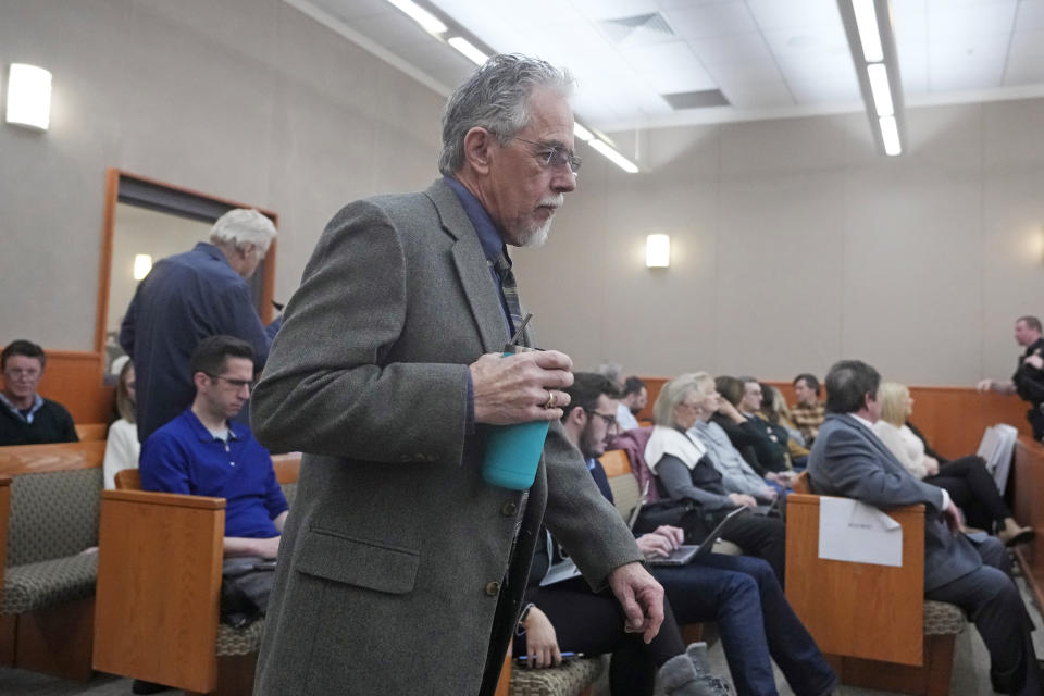 Terry Sanderson, the Utah man suing Gwyneth Paltrow, walks into the courtroom, Thursday, March 30, 2023, in Park City, Utah. He accuses her of crashing into him on a beginner run at Deer Valley Resort, leaving him with brain damage and four broken ribs. (AP Photo/Rick Bowmer, Pool)