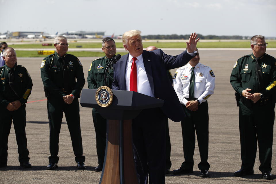 President Donald Trump speaks during a campaign event with Florida Sheriffs in Tampa, Fla., Friday, July 31, 2020. (AP Photo/Patrick Semansky)