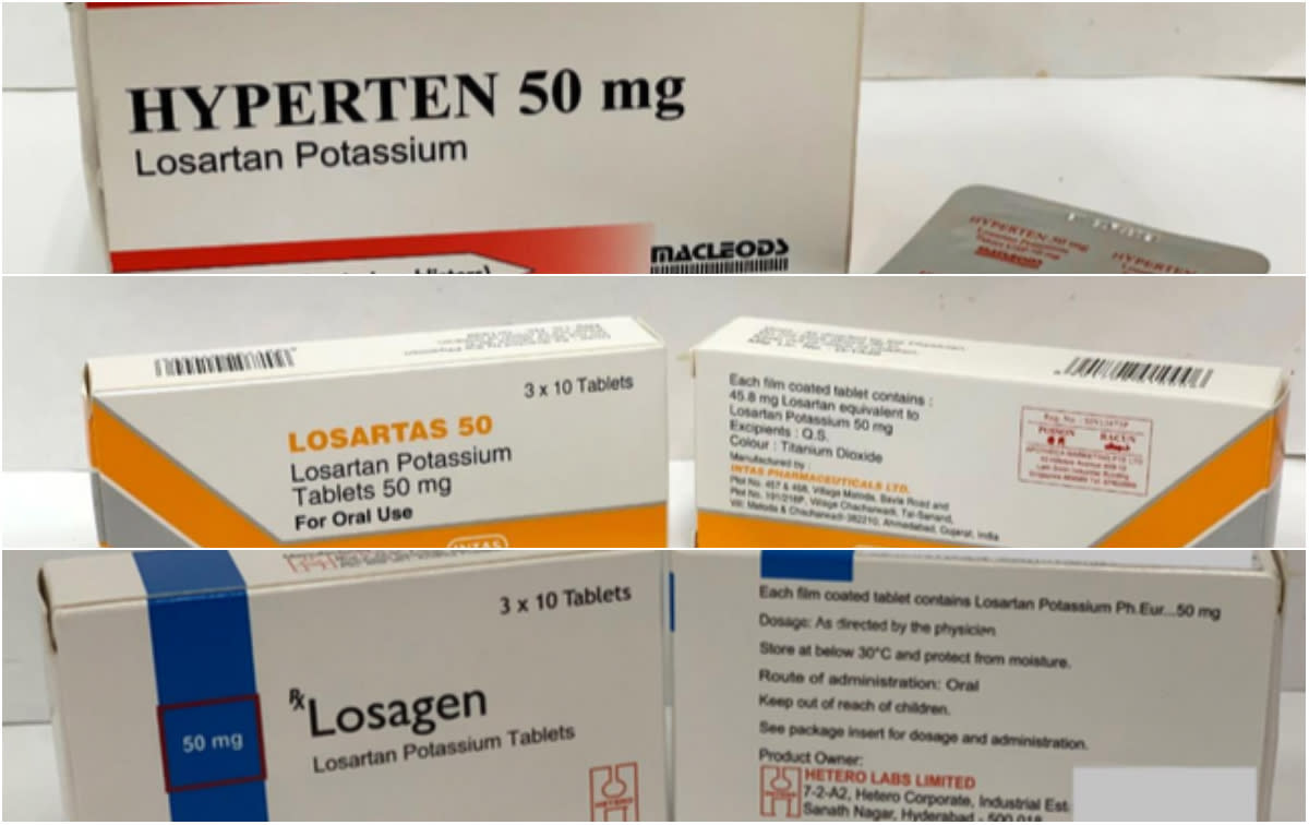 Losartas, Losagen and Hyperten are available here in both 50 and 100mg tablets. (PHOTOS: HSA)