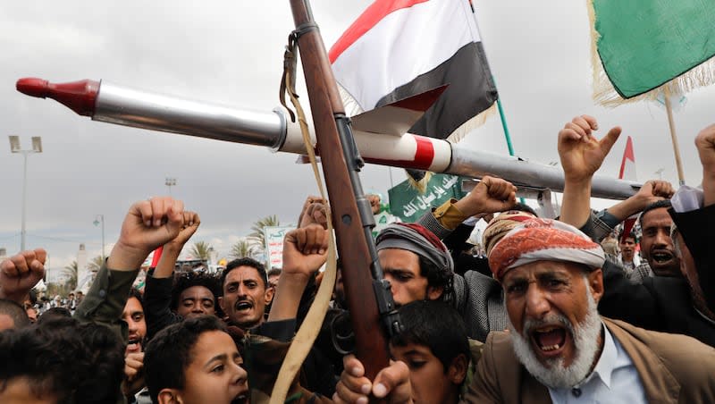 Houthi supporters attend a rally against the U.S. airstrikes on Yemen and the Israeli offensive against the Palestinians in Gaza, in Sanaa, Yemen, Friday, March 8, 2024.