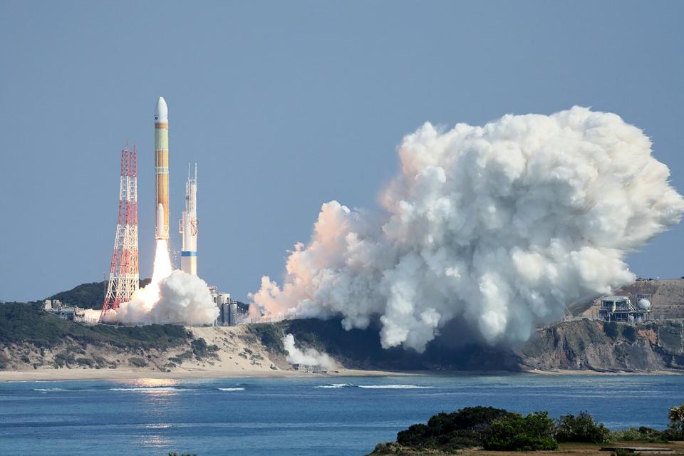 Japan's next generation "H3" rocket, carrying the advanced optical satellite "Daichi 3", leaves the launch pad at the Tanegashima Space Center in Kagoshima, southwestern Japan on March 7, 2023