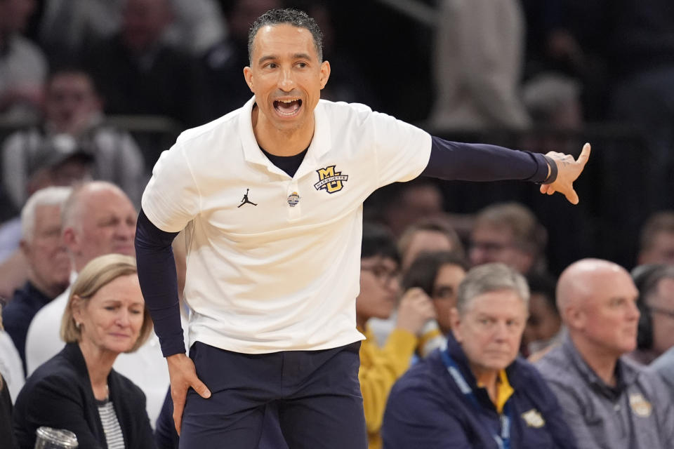 Marquette coach Shaka Smart gestures during the first half of the team's NCAA college basketball game against Villanova in the quarterfinals of the Big East men's tournament Thursday, March 14, 2024, in New York. (AP Photo/Mary Altaffer)