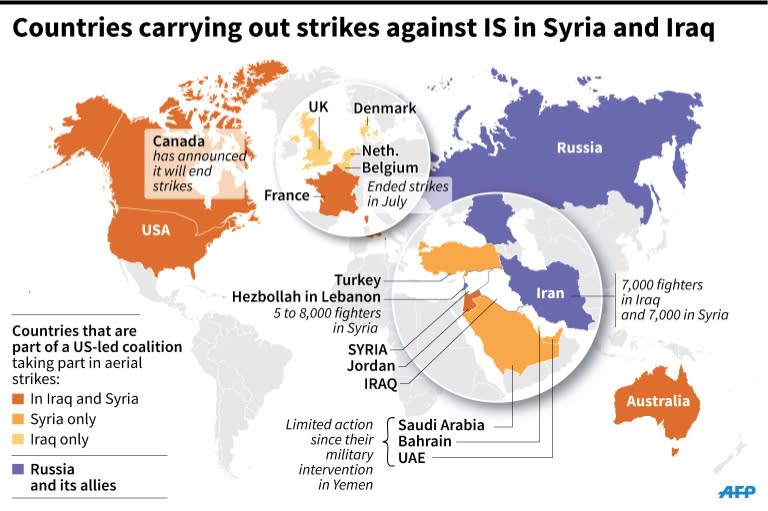 Map showing countries carrying out strikes against IS in Iraq and Syria (135 x 90 mm)