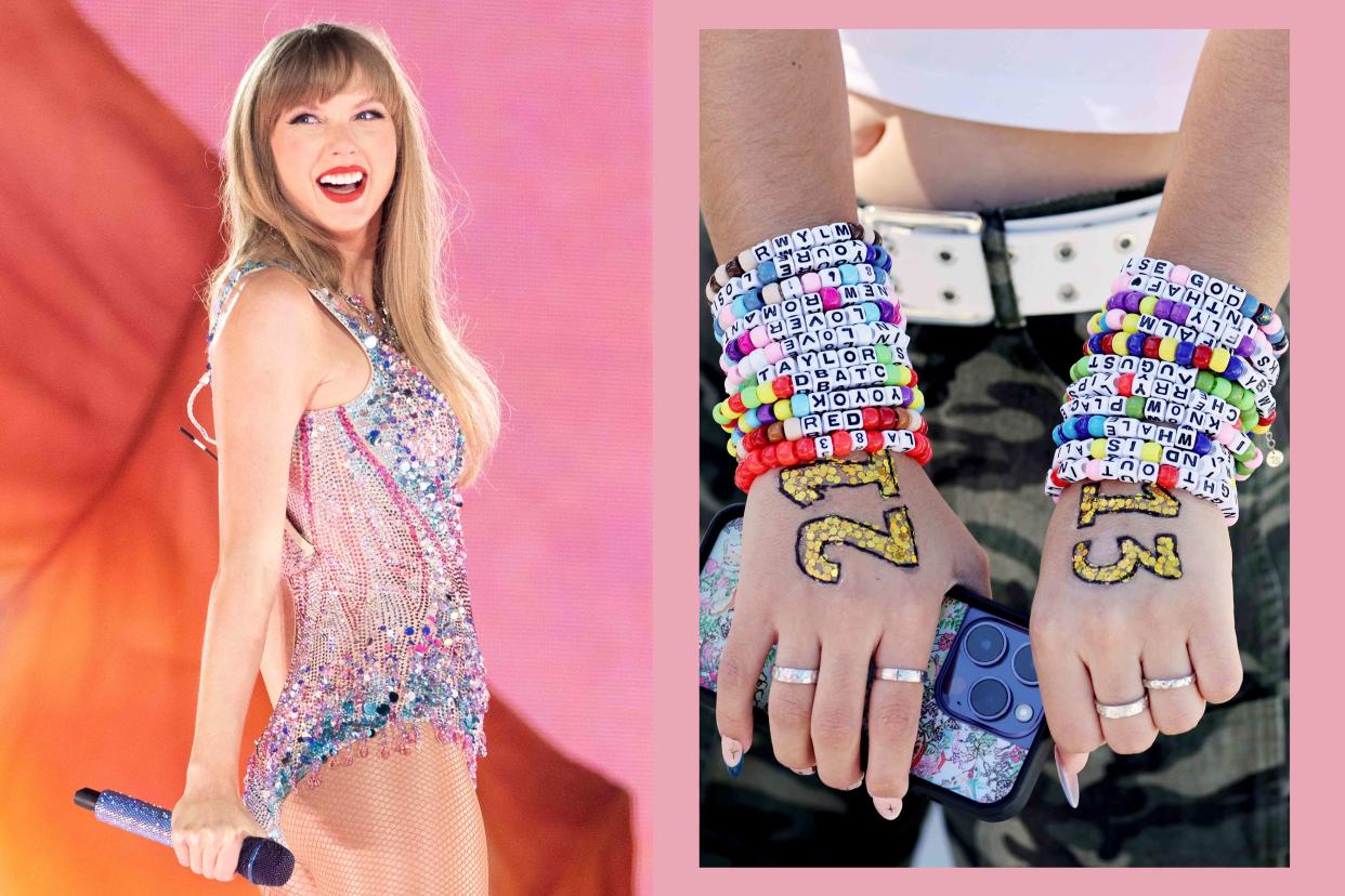 <p>Getty Images / People / Madison Woiten</p> Taylor Swift; Eras Tour Friendship Bracelets