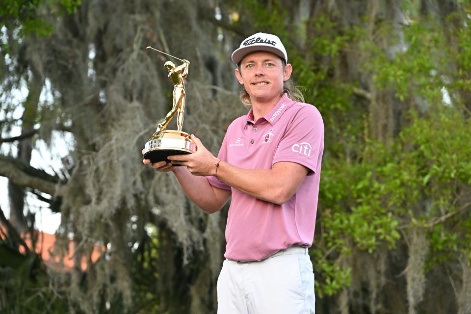 PONTE VEDRA BEACH, FL - MARCH 14: Cameron Smith of Australia poses with the trophy after winning THE PLAYERS Championship on THE PLAYERS Stadium Course at TPC Sawgrass on March 14, 2022, in Ponte Vedra Beach Florida. (Photo by Ben Jared/PGA TOUR via Getty Images)
