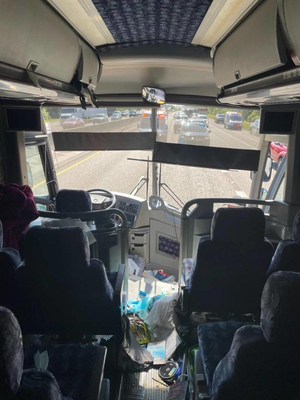 A look inside the charter bus that nearly rolled over Friday, April 5 on I-10 in South Mississippi.