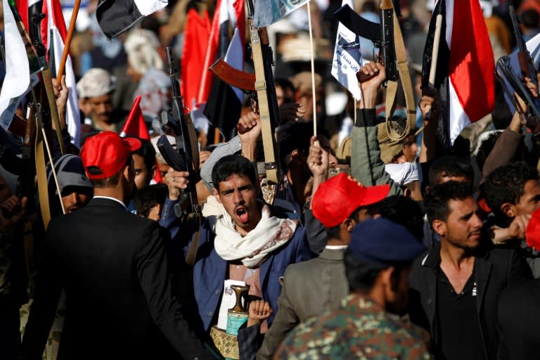 Supporters of Yemen's Huthi rebels attend a rally in Sanaa on March 26, 2018 to mark three years of war