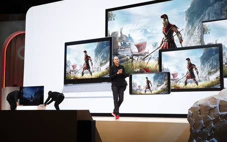 Google vice president and general manager Phil Harrison speaks during a Google keynote address announcing a new video gaming streaming service named Stadia that attempts to capitalize on the company's cloud technology and global network of data centers, at the Gaming Developers Conference in San Francisco, California, U.S., March 19, 2019. REUTERS/Stephen Lam