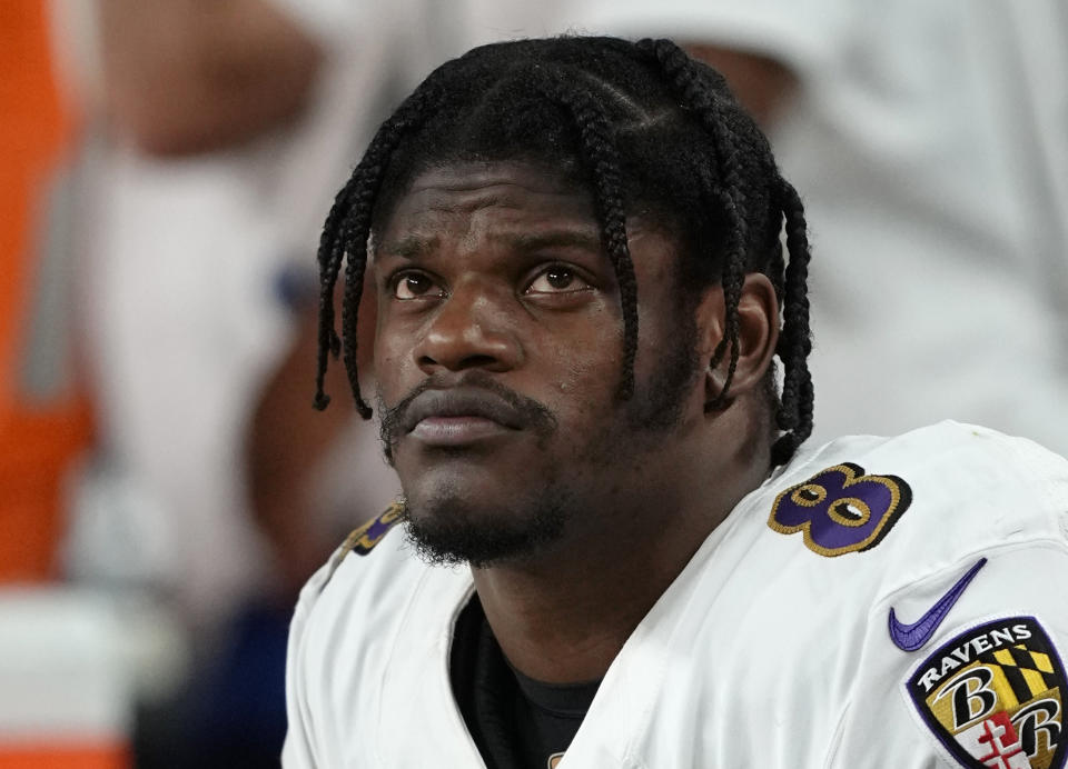 Baltimore Ravens quarterback Lamar Jackson (8) is seen on the bench during the second half of an NFL football game against the Las Vegas Raiders, Monday, Sept. 13, 2021, in Las Vegas. (Jeff Bottari/AP Images for NFL)