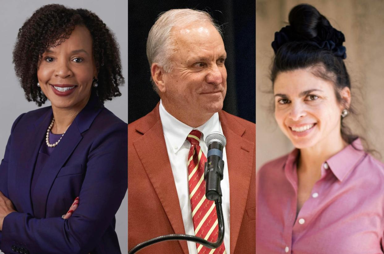 FAMU's fall 2023 commencement speaker is ABC News President Kimberly Godwin (left) while FSU's speakers for its fall 2023 commencement ceremonies are former Board of Trustees Chair Ed Burr (middle) and the university's Robert O. Lawton Distinguished Professor Lilian Garcia-Roig (right).