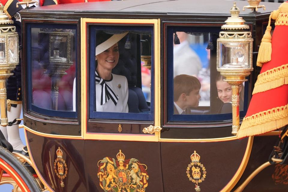 The Princess of Wales, Prince Louis and Princess Charlotte arrive for the Trooping the Colour ceremony (Yui Mok/PA) (PA Wire)