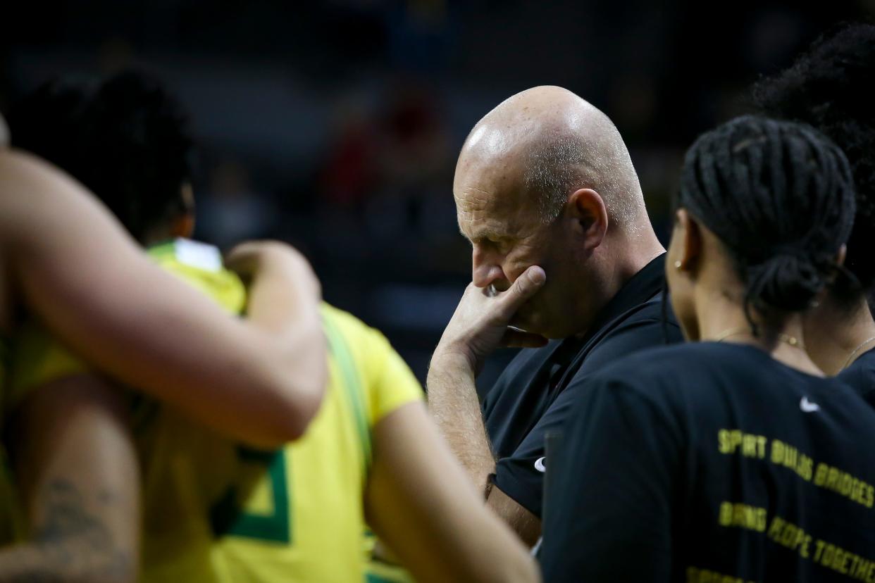 Oregon head coach Kelly Graves thinks during a timeout as the Oregon Ducks host the Washington Huskies Friday, Jan. 13, 2023, at Matthew Knight Arena in Eugene, Ore.