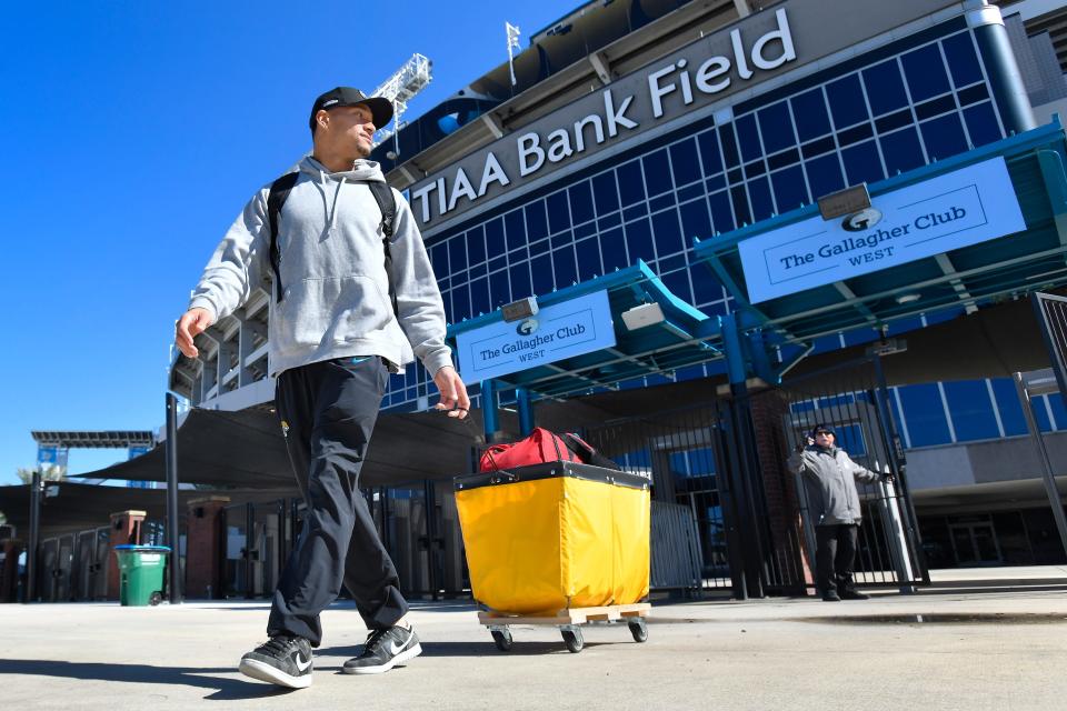 Jaguars tight end Evan Engram, seen here rolling a cart with his personal belongings as he leaves TIAA Bank Field Monday for the offseason, is a free agent who loves the culture Doug Pederson has built with the franchise. But the Jaguars must decide whether they want to offer him a contract worthy of his production.