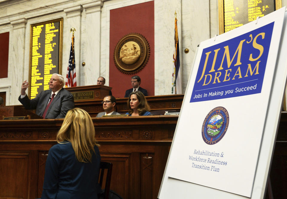 FILE - West Virginia Gov. Jim Justice delivers his State of the State address in the House of Delegates' Chamber, Jan. 9, 2019, in Charleston, W.Va. The two-term governor is set to give his final State of the State speech to lawmakers on Wednesday, Jan. 10, 2024. (Chris Dorst/Charleston Gazette-Mail via AP, File)