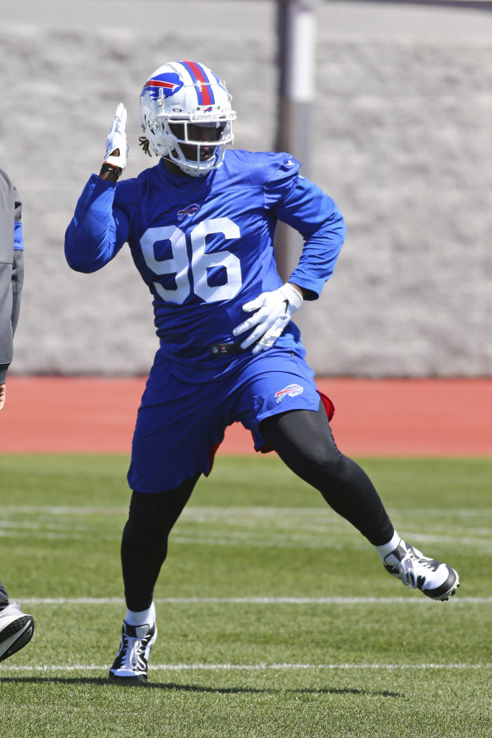 Buffalo Bills defensive end Boogie Basham (96) runs a drill during an NFL football rookie minicamp in Orchard Park, N.Y., Friday, May 14, 2021. (AP Photo/Jeffrey T. Barnes)