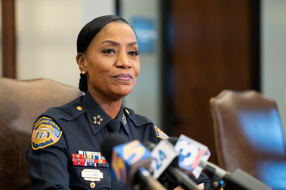 Memphis Police Department interim Chief Cerelyn "C.J." Davis listens to a question from the media after she and Mayor Paul Young announced at a press conference that Assistant Chief Shawn Jones is no longer with the department at city hall in Memphis, Tenn., on Monday, July 8, 2024.