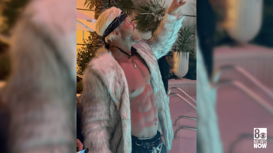 <em>Dan Rodimer dressed as a shirtless “Ken” when he allegedly beat another man to death inside a Las Vegas hotel room, according to documents the 8 News Now Investigators obtained. (KLAS)</em>