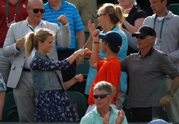 Andy Roddick's wife Brooklyn Decker celebrates after Andy won his Gentlemen's Singles second round match against Bjorn Phau of Germany on day four of the Wimbledon Lawn Tennis Championships at the All England Lawn Tennis and Croquet Club on June 28, 2012 in London, England. (Photo by Paul Gilham/Getty Images)