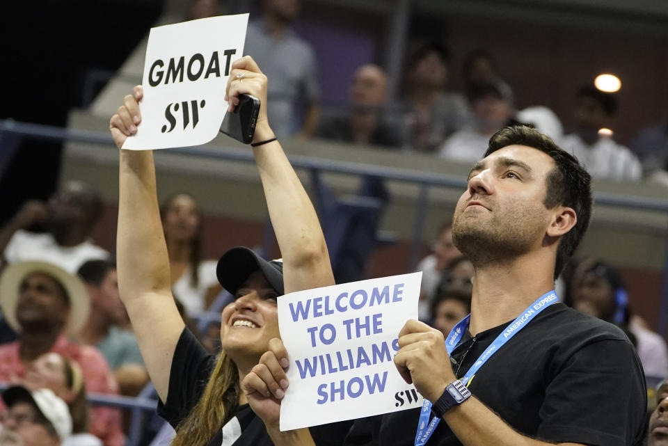 Fans of Serena Williams, of the United States, cheer as she plays Danka Kovinic, of Montenegro, during the first round of the US Open tennis championships, Monday, Aug. 29, 2022, in New York. (AP Photo/John Minchillo)