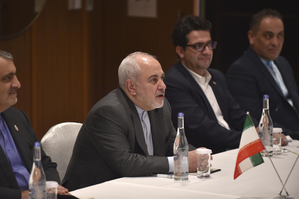 Iranian Foreign Minister Mohammad Javad Zarif, second left, speaks during a meeting with his Japanese counterpart Taro Kono at a hotel in Yokohama on August 27, 2019. (Kazuhiro Nogi/Pool Photo via AP)