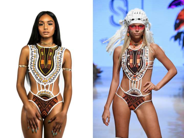 One of Bfyne's swimsuits on the left and a swimsuit by Silvia Ulson on the right. (Bfyne/Getty)