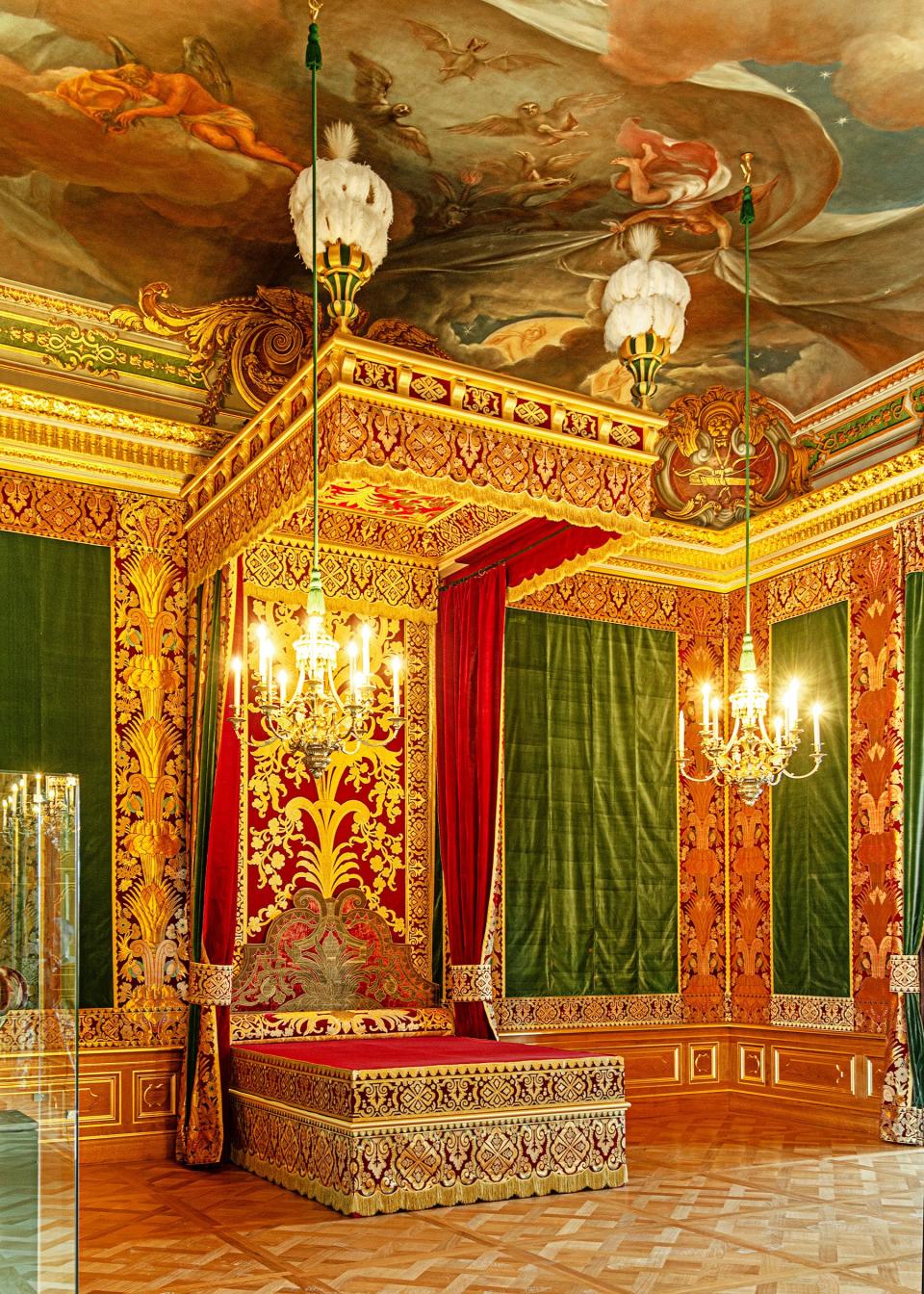 The bedchamber features a re-created ceremonial bed.