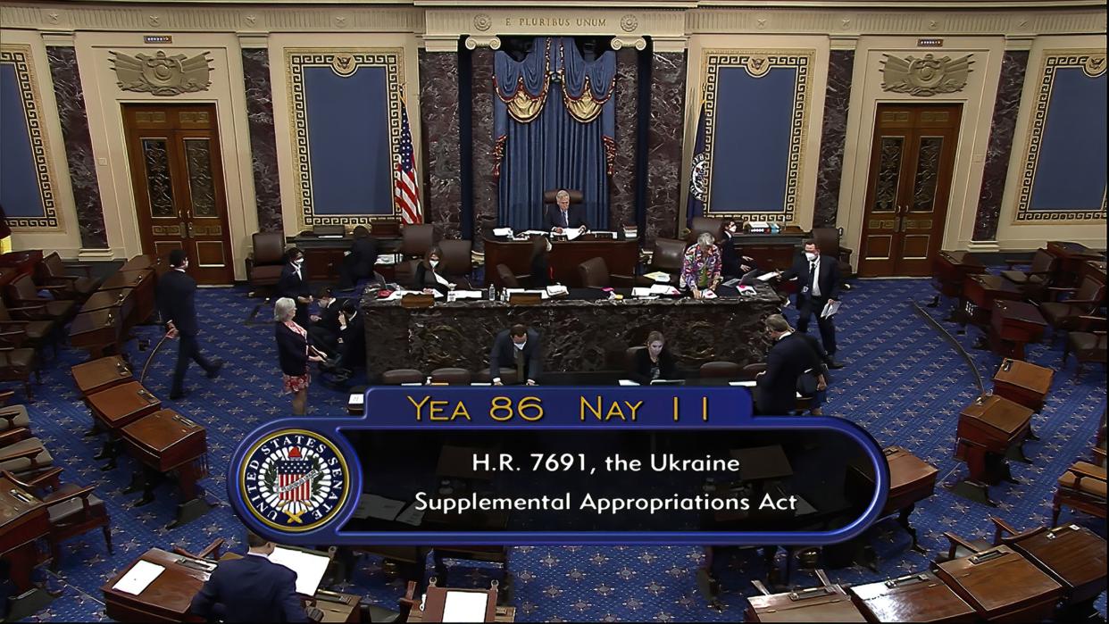 This image from Senate Television video shows the final vote of 86-11 as the Senate overwhelmingly approved a $40 billion infusion of military and economic aid for Ukraine and its allies on Thursday, May 19, 2022, in Washington, as both parties rallied behind America's latest, and quite possibly not last, financial salvo against Russia's invasion.