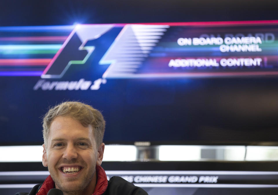 Red Bull Racing driver Sebastian Vettel of Germany speaks during a press conference ahead of Sunday's Chinese Formula One Grand Prix at Shanghai International Circuit in Shanghai, China Thursday, April 17, 2014.(AP Photo/Andy Wong)