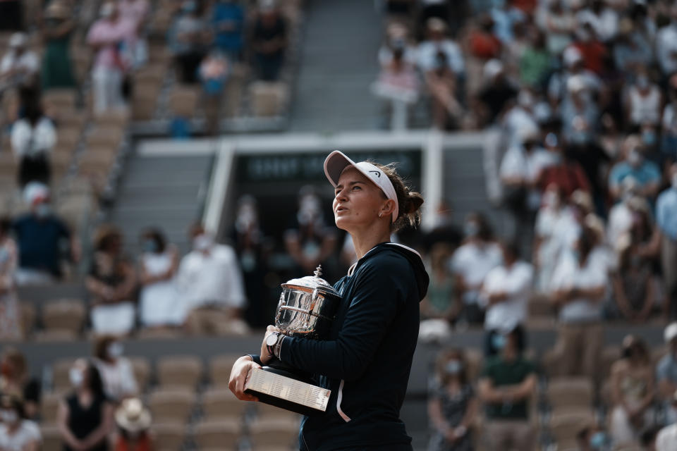 Czech Republic's Barbora Krejcikova holds the cup after defeating Russia's Anastasia Pavlyuchenkova in their final match of the French Open tennis tournament at the Roland Garros stadium Saturday, June 12, 2021 in Paris. The unseeded Czech player defeated Anastasia Pavlyuchenkova 6-1, 2-6, 6-4 in the final. (AP Photo/Thibault Camus)
