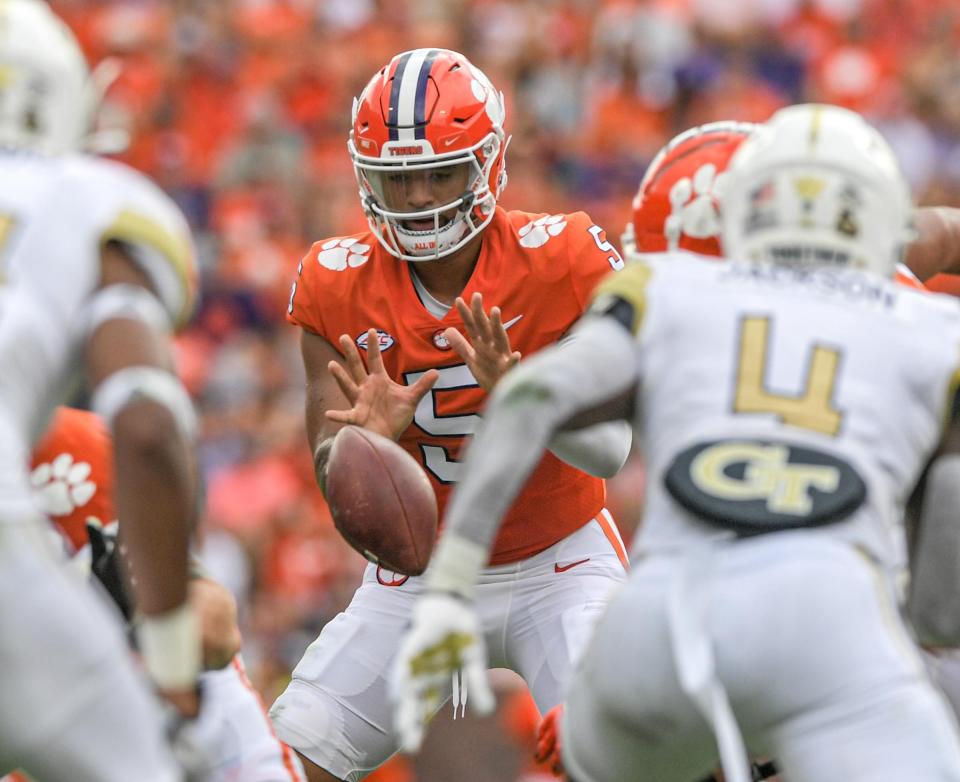 Clemson quarterback D.J. Uiagalelei takes a snap against Georgia Tech.