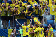 Soccer Football - World Cup - Group F - Sweden vs South Korea - Nizhny Novgorod Stadium, Nizhny Novgorod, Russia - June 18, 2018 Sweden's Andreas Granqvist celebrates scoring their first goal in front of fans with team mates REUTERS/Ivan Alvarado