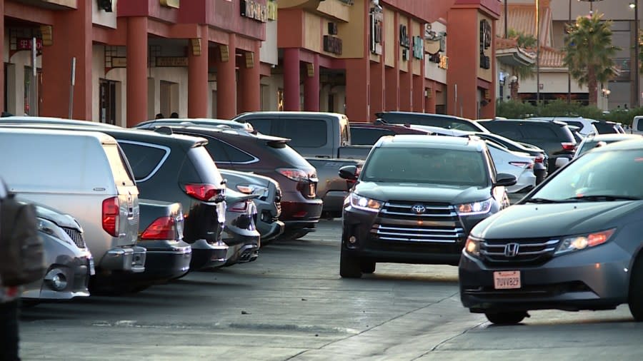 Drivers navigate the parking lot at Shanghai Plaza in Chinatown, an example of needed parking improvements to be addressed in Clark County’s Spring Mountain Corridor Redevelopment Plan. (KLAS)