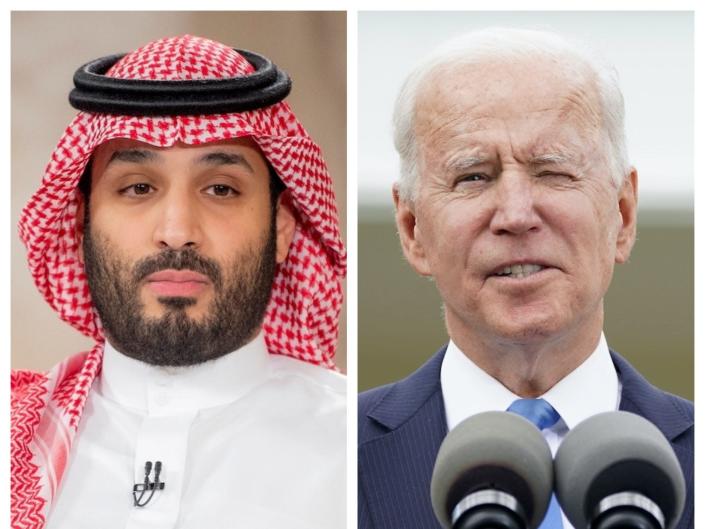 US President Joe BIden (L,) Saudi Crown Prince Mohammed bin Salman