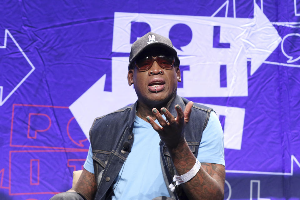 Dennis Rodman, while not in attendance in Vietnam, wished both Donald Trump and Kim Jong-un the “best of luck” in their summit this week. (Willy Sanjuan/Invision/AP)