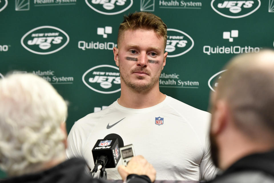 New York Jets quarterback Tim Boyle meets with reporters after the team's NFL football game against the Buffalo Bills in Orchard Park, N.Y., Sunday, Nov. 19, 2023. The Bills won 32-6. (AP Photo/Jeffrey T. Barnes )