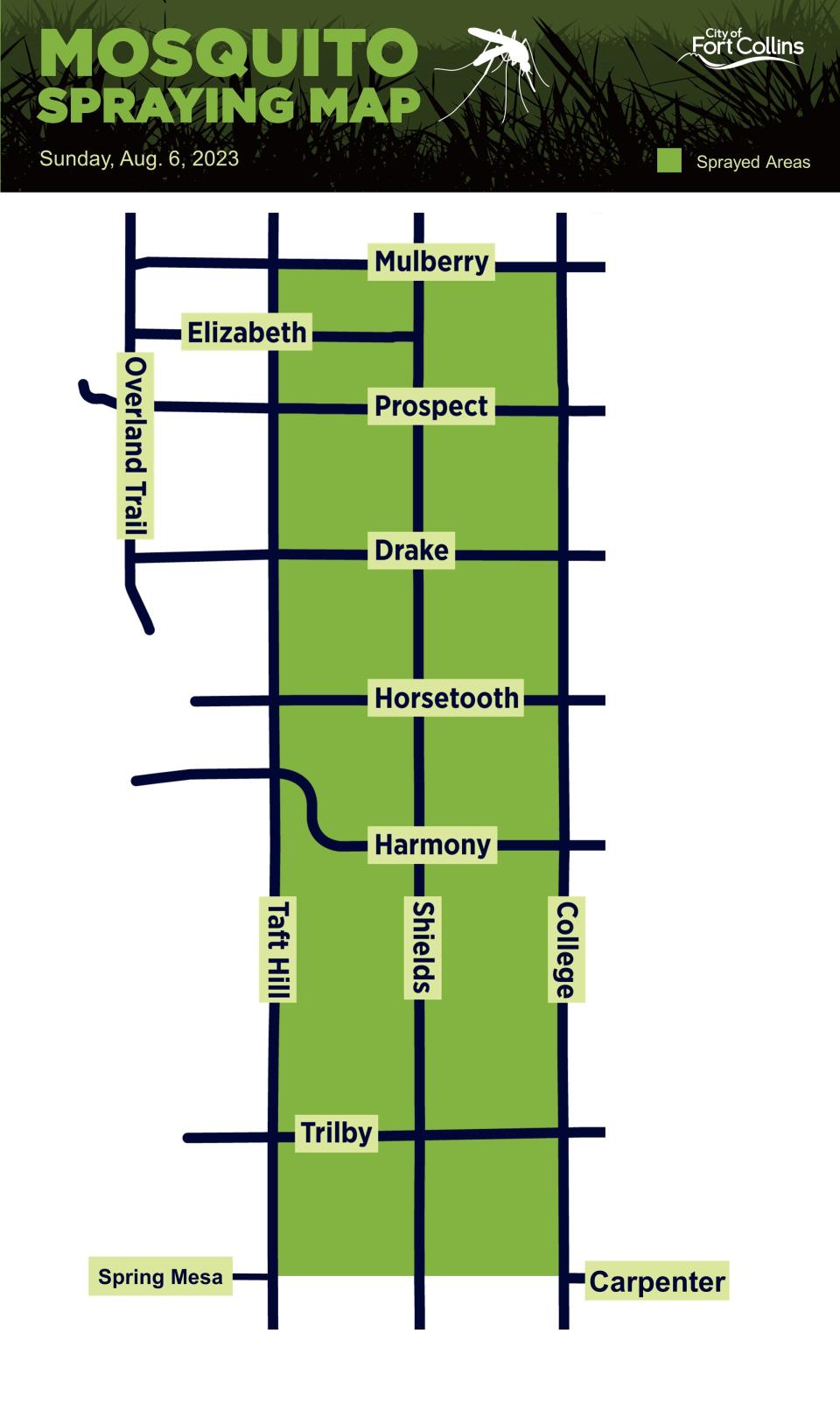 This map shows the boundaries of where the city will contract to spray permethrin on Sunday, Aug. 6, 2023. The spraying is meant to combat the mosquitoes that carry West Nile virus.