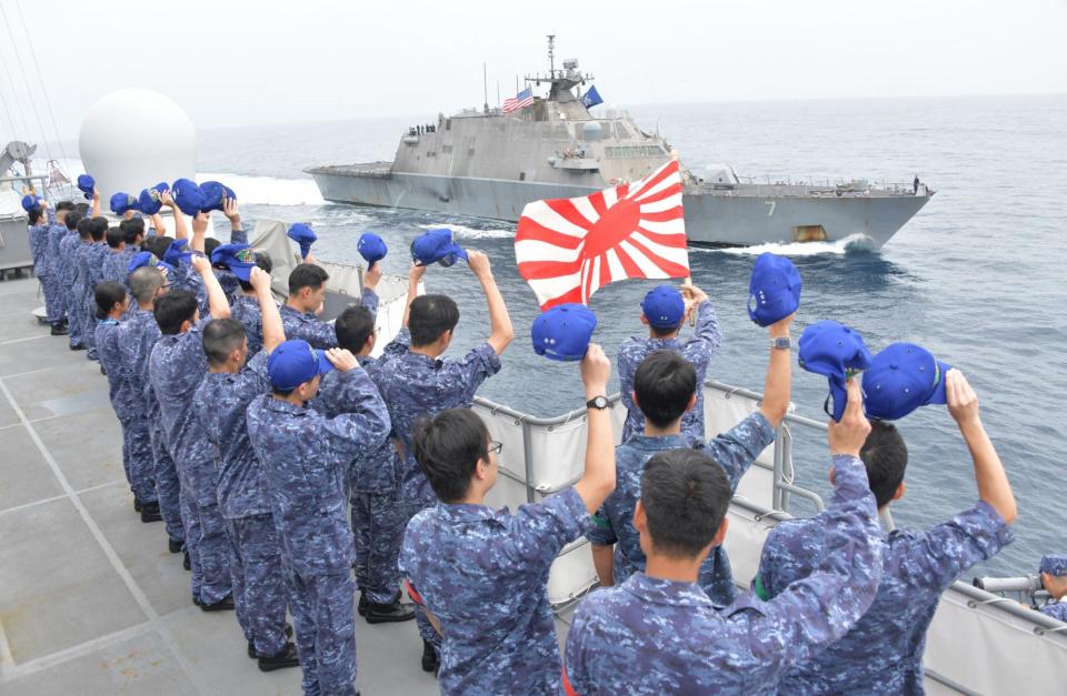 Crew from Japan's Maritime Self-Defense Force posted this photo on Facebook of their encounter in September with the USS Detroit during an exercise off Latin America that involved the U.S. Navy and Colombia's navy. The photo was then posted on the Facebook site of Naval Station Mayport's Destroyer Squadron 40, which had been working with the LCS.