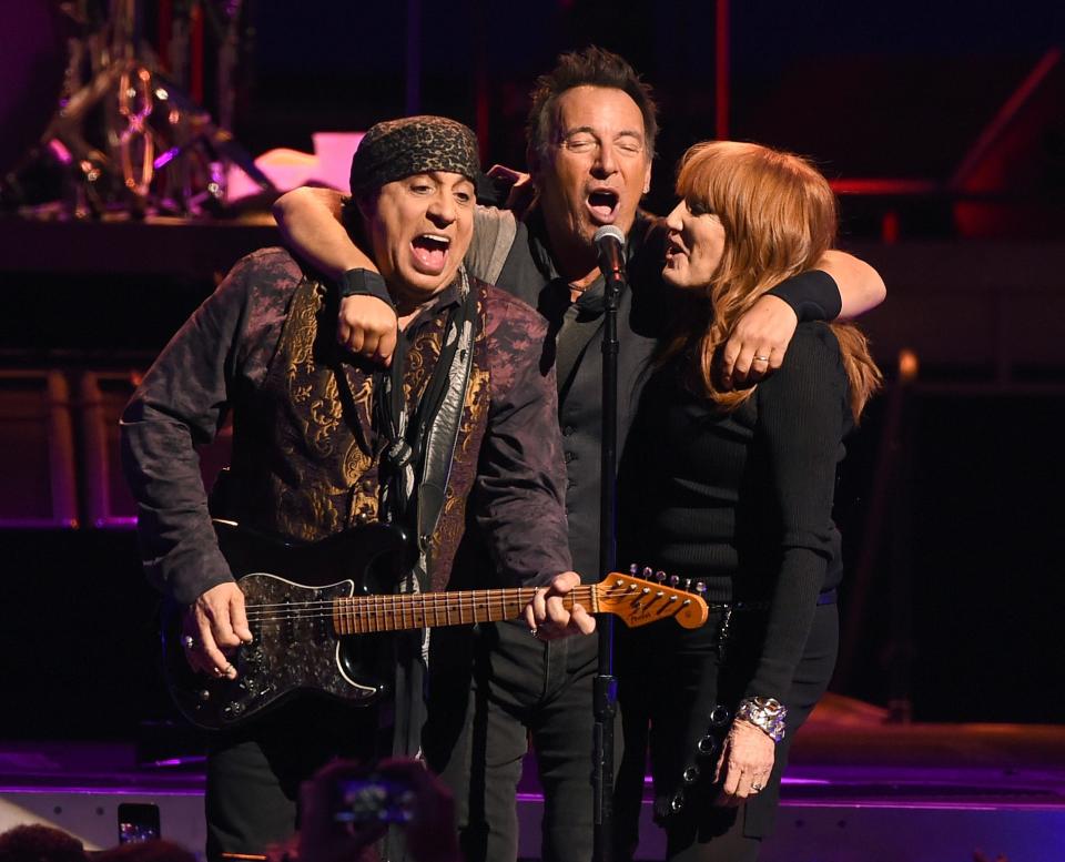 Bruce Springsteen, his wife Patti Scialfa and Steven Van Zandt perform at the Los Angeles Sports Arena on March 15, 2016.