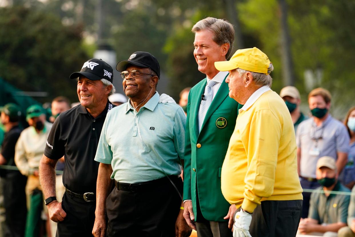 Lee Elder (second from left) was an honorary starter at the 2021 Masters with Gary Player (far left) and Jack Nicklaus (far right). Augusta National chairman Fred Ridley is second from the right.