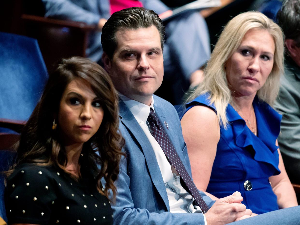 From left, Rep. Lauren Boebert, R-Colo., Rep. Matt Gaetz, R-Fla., and Rep. Marjorie Taylor Greene, R-Ga., attend the House Judiciary Committee oversight hearing of the United States Department of Justice with testimony from Attorney General Merrick Garland, Oct. 21, 2021 on Capitol Hill in Washington.