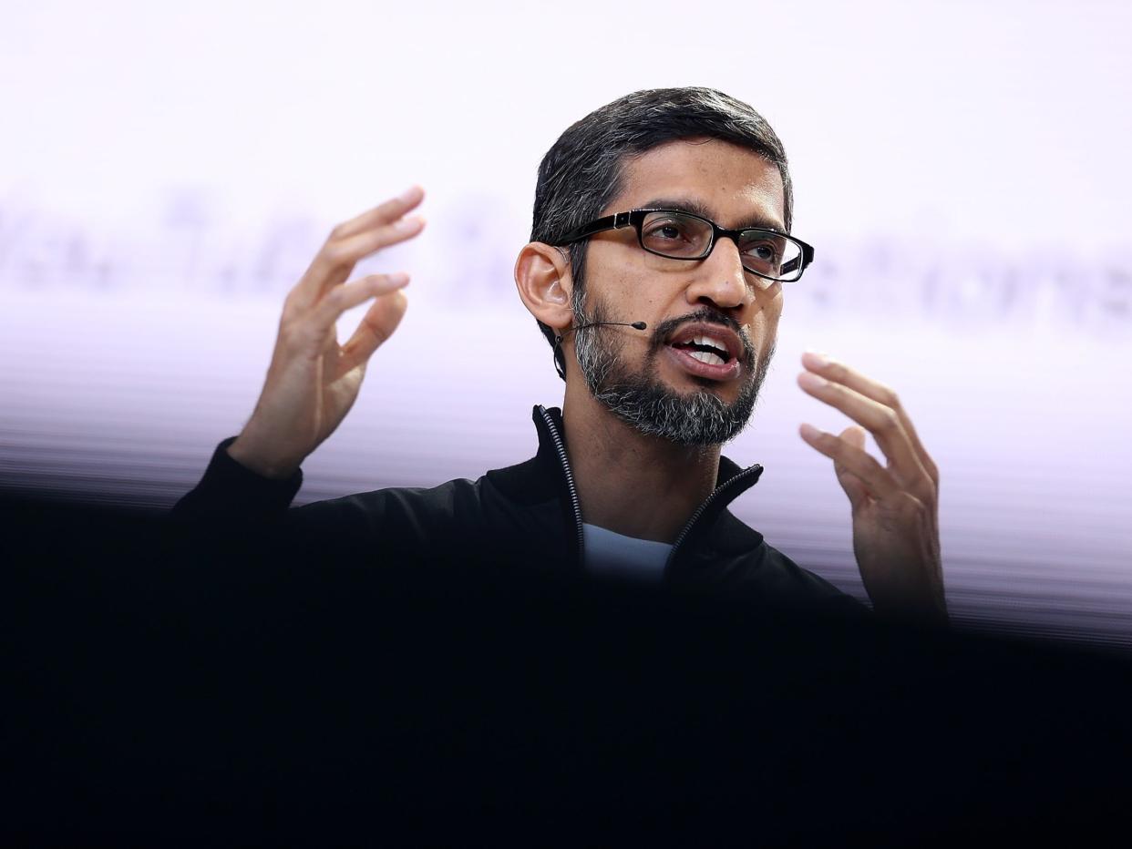 sundar pichai MOUNTAIN VIEW, CA - MAY 17: Google CEO Sundar Pichai delivers the keynote address at the Google I/O 2017 Conference at Shoreline Amphitheater on May 17, 2017 in Mountain View, California. The three-day conference will highlight innovations including Google Assistant. (Photo by Justin Sullivan/Getty Images)