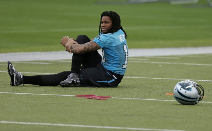 Kelvin Benjamin stretches at a recent Panthers OTA session. (AP)