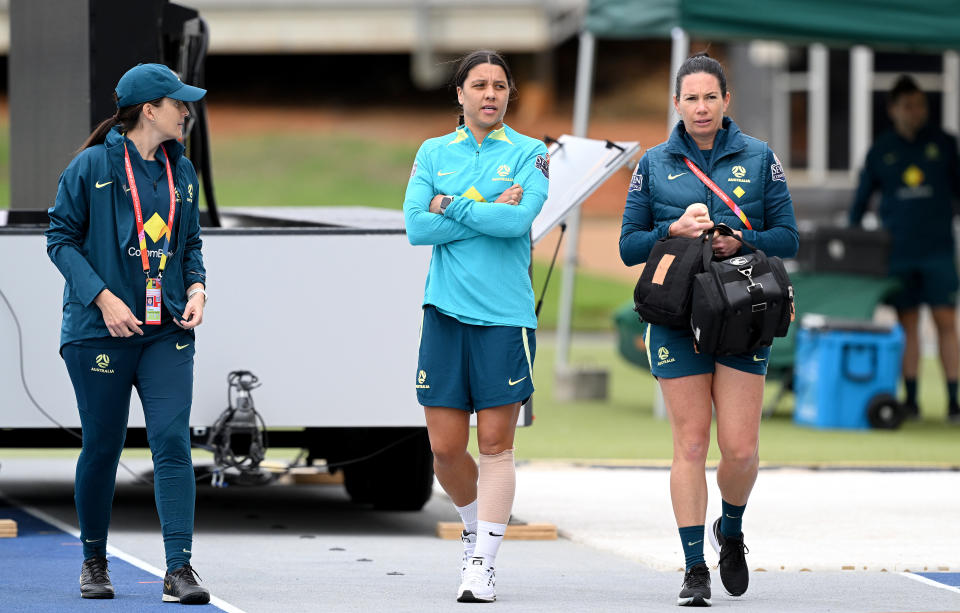 BRISBANE, AUSTRALIA - JULY 24: Sam Kerr is seen with bandaging on her injured left leg during an Australia Matildas open training session at the FIFA Women's World Cup Australia & New Zealand 2023 at Queensland Sport and Athletics Centre on July 24, 2023 in Brisbane, Australia. (Photo by Bradley Kanaris/Getty Images)