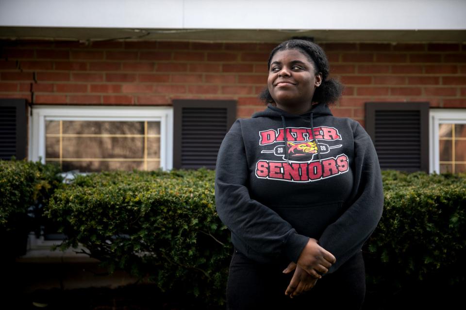 Savannah Scott, 18, stands in front of her home in Westwood on Thursday, April 2, 2020. She is a senior at Dater High School and a class officer. 